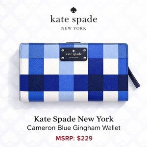 Kate Spade Cameron Blue Gingham Wallet Zip Around Leather EUC